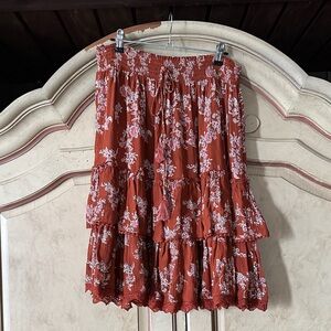 Nostalgia Tiered A-Line Skirt in Rust with Floral Print Size Medium